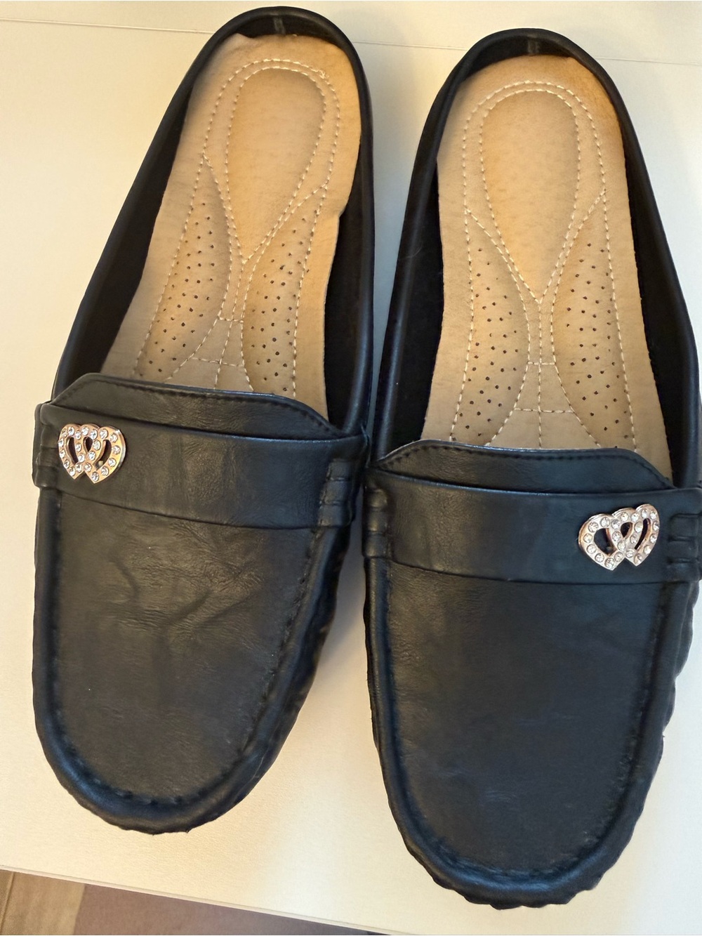 Black Women's Slip-On Loafers with Heart Rhinestone Accent